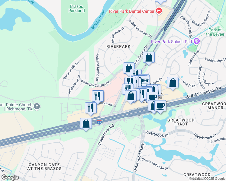 map of restaurants, bars, coffee shops, grocery stores, and more near 17500 West Grand Parkway South in Sugar Land