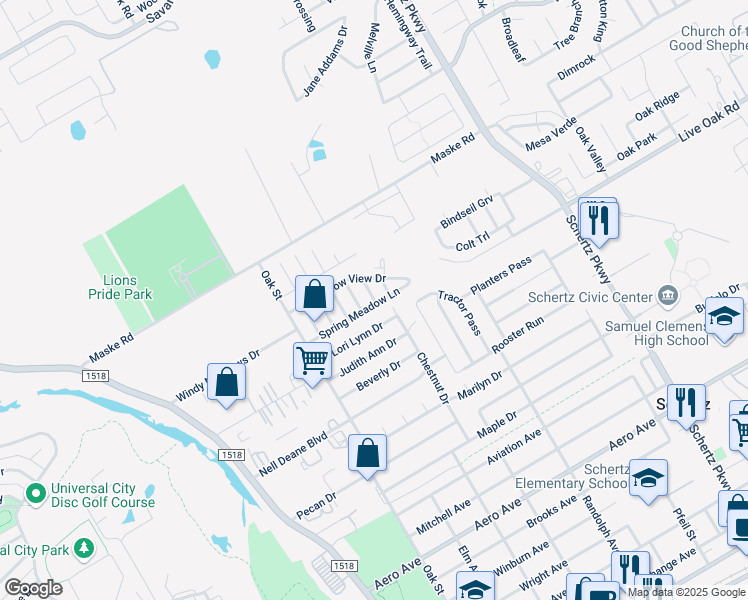 map of restaurants, bars, coffee shops, grocery stores, and more near 360 Spring Meadow Lane in Schertz