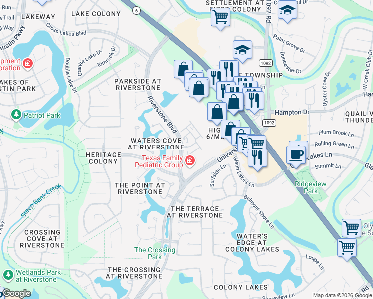 map of restaurants, bars, coffee shops, grocery stores, and more near 4335 Lake Run Drive in Missouri City
