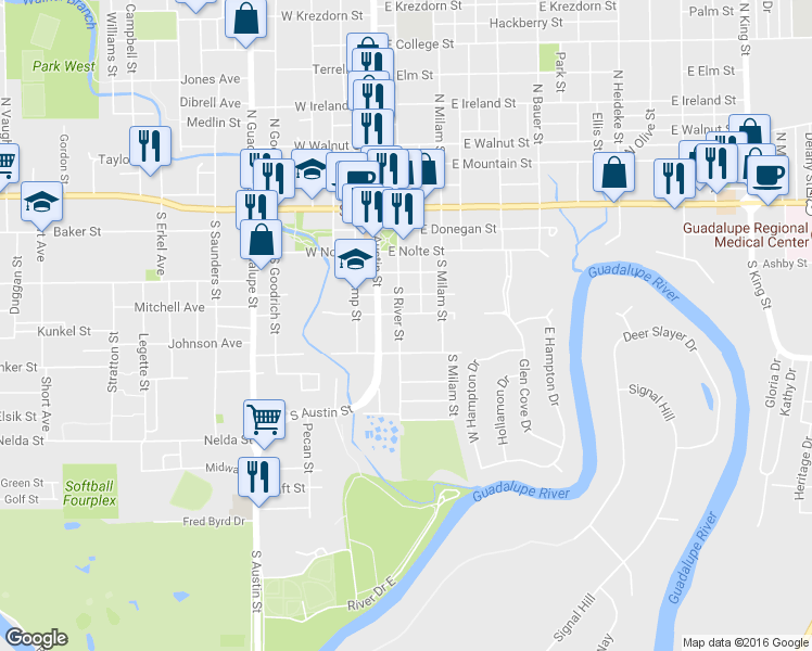 map of restaurants, bars, coffee shops, grocery stores, and more near 617 South River Street in Seguin