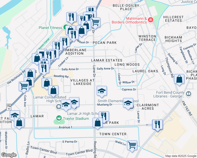 map of restaurants, bars, coffee shops, grocery stores, and more near 911 Lane Drive in Rosenberg