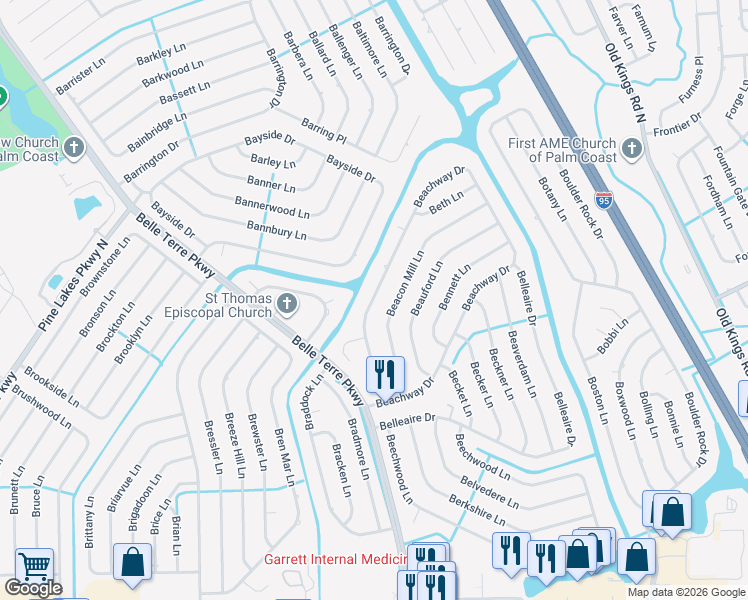 map of restaurants, bars, coffee shops, grocery stores, and more near 271 Beachway Drive in Palm Coast