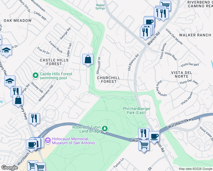 map of restaurants, bars, coffee shops, grocery stores, and more near 13211 Stairock Street in San Antonio