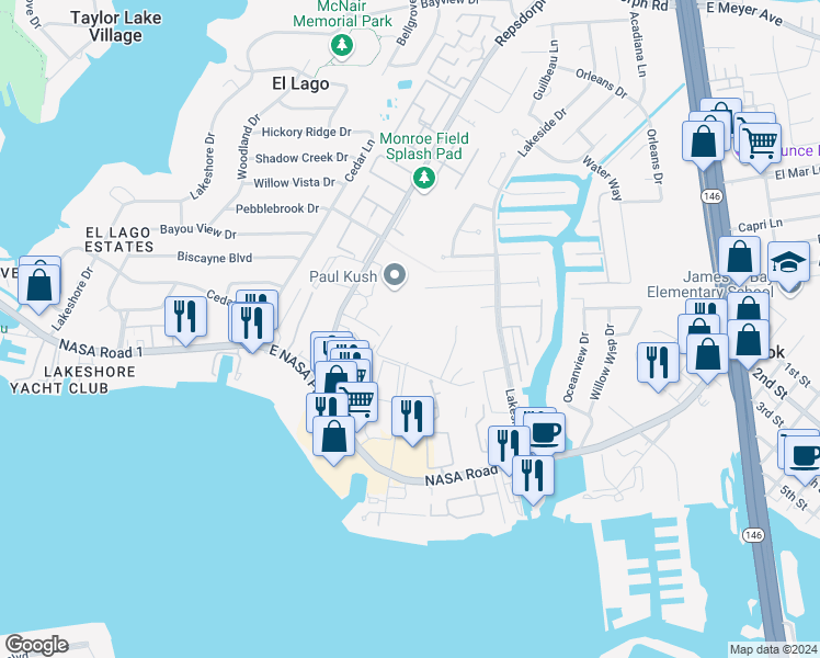 map of restaurants, bars, coffee shops, grocery stores, and more near 2138 Byrd Street in Seabrook