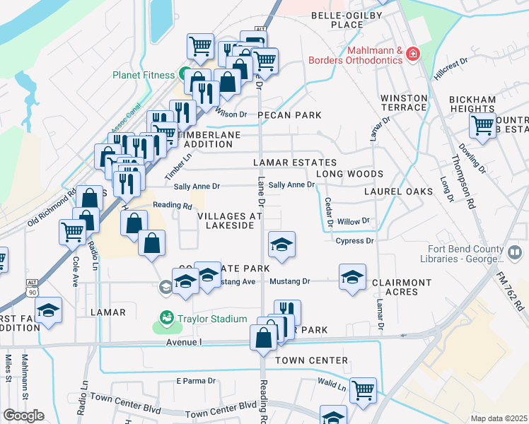 map of restaurants, bars, coffee shops, grocery stores, and more near 911 Lane Drive in Rosenberg