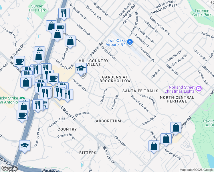 map of restaurants, bars, coffee shops, grocery stores, and more near 13511 Cassia Way in San Antonio