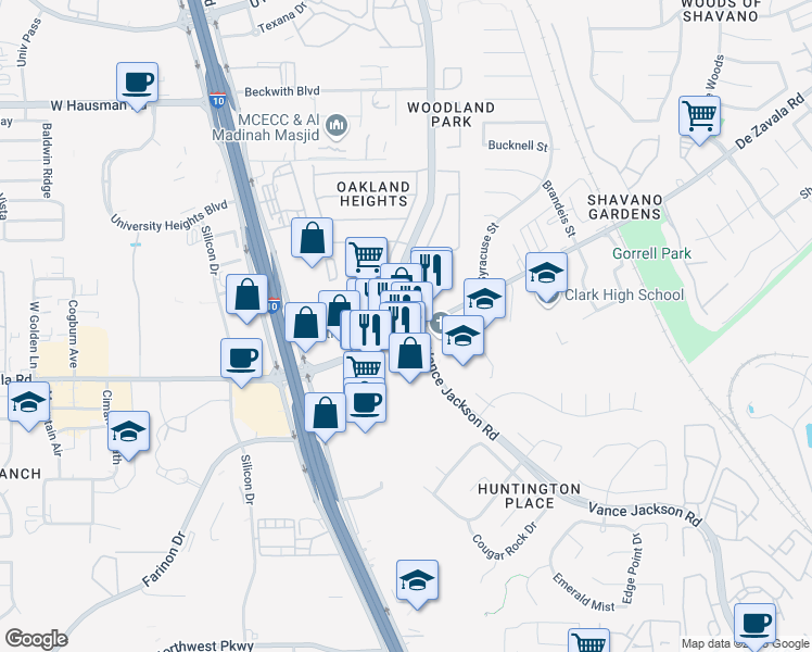 map of restaurants, bars, coffee shops, grocery stores, and more near De Zavala Road in San Antonio