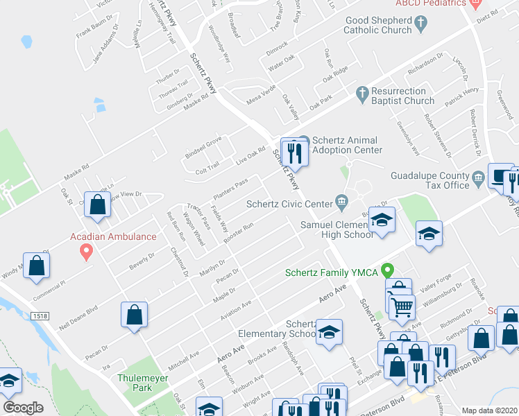 map of restaurants, bars, coffee shops, grocery stores, and more near 652 Silo Street in Schertz