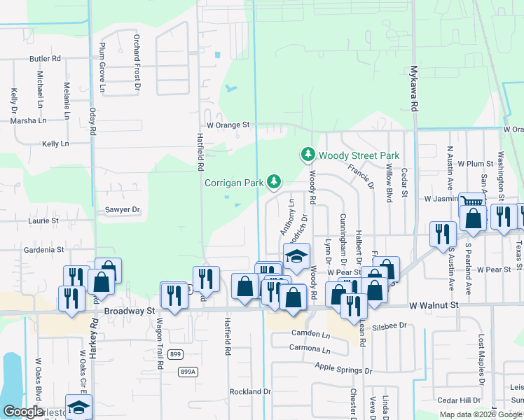 map of restaurants, bars, coffee shops, grocery stores, and more near 5503 Cunningham Drive in Pearland