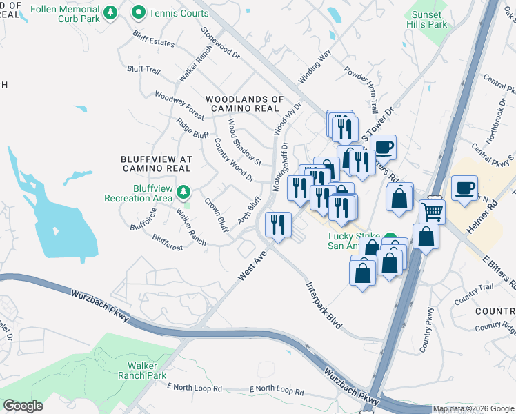 map of restaurants, bars, coffee shops, grocery stores, and more near 430 Arch Bluff in San Antonio