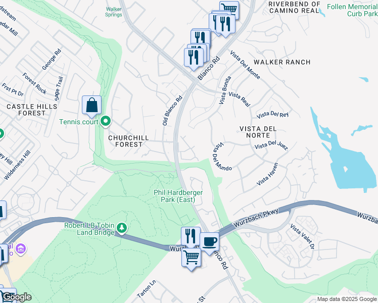 map of restaurants, bars, coffee shops, grocery stores, and more near 13230 Blanco Road in San Antonio