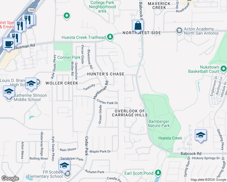 map of restaurants, bars, coffee shops, grocery stores, and more near 7325 Bluestone Road in San Antonio