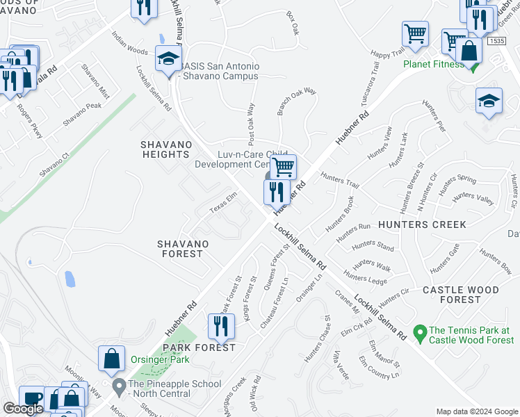 map of restaurants, bars, coffee shops, grocery stores, and more near 3838 Lockhill Selma Road in Shavano Park