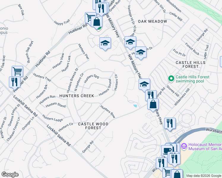 map of restaurants, bars, coffee shops, grocery stores, and more near 3602 Hunters Sound in San Antonio