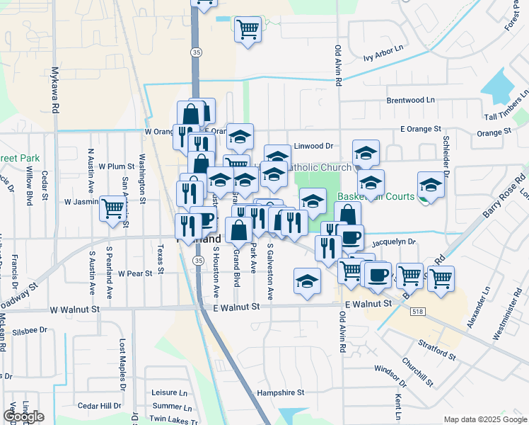 map of restaurants, bars, coffee shops, grocery stores, and more near 2320 South Galveston Avenue in Pearland