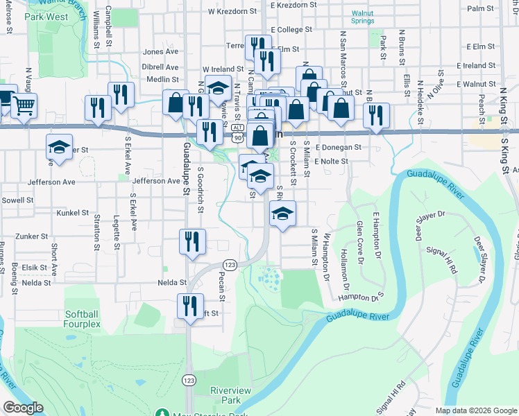 map of restaurants, bars, coffee shops, grocery stores, and more near 608 S Austin St in Seguin