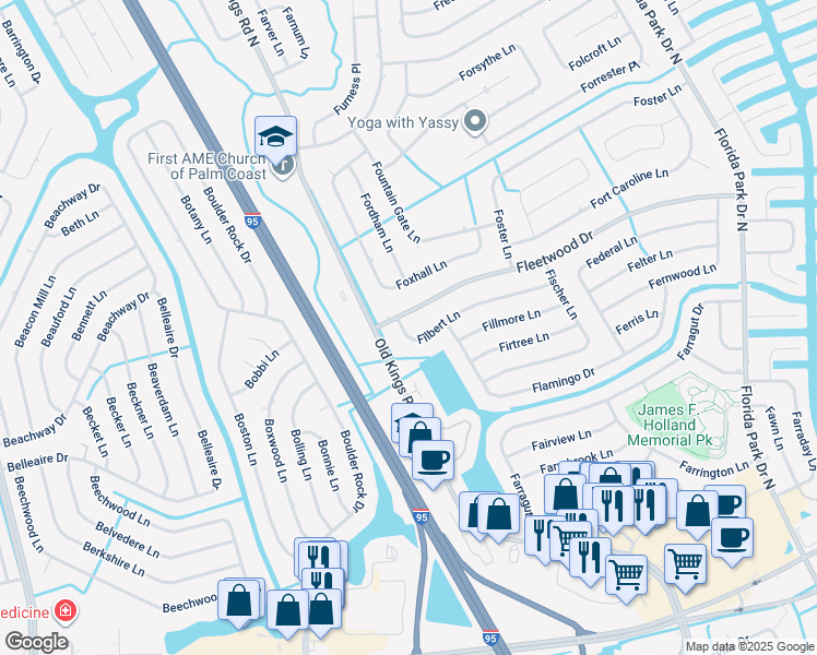 map of restaurants, bars, coffee shops, grocery stores, and more near 47 Filbert Lane in Palm Coast
