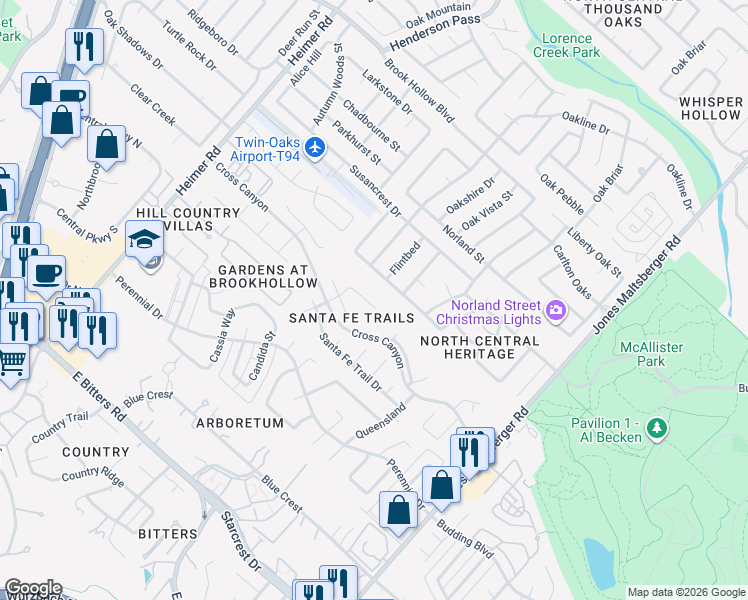 map of restaurants, bars, coffee shops, grocery stores, and more near 1627 Adobe Square Drive in San Antonio
