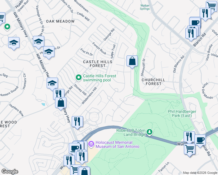 map of restaurants, bars, coffee shops, grocery stores, and more near 13519 Voelcker Ranch Drive in San Antonio