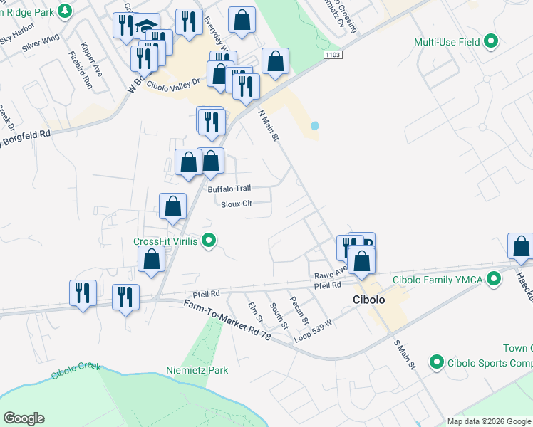map of restaurants, bars, coffee shops, grocery stores, and more near 110 Comanche Circle in Cibolo