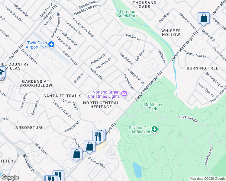 map of restaurants, bars, coffee shops, grocery stores, and more near 13542 Norland Street in San Antonio