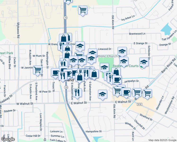 map of restaurants, bars, coffee shops, grocery stores, and more near 2320 South Galveston Avenue in Pearland