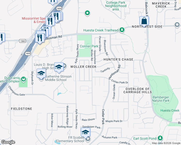map of restaurants, bars, coffee shops, grocery stores, and more near 13034 Woller Creek in San Antonio