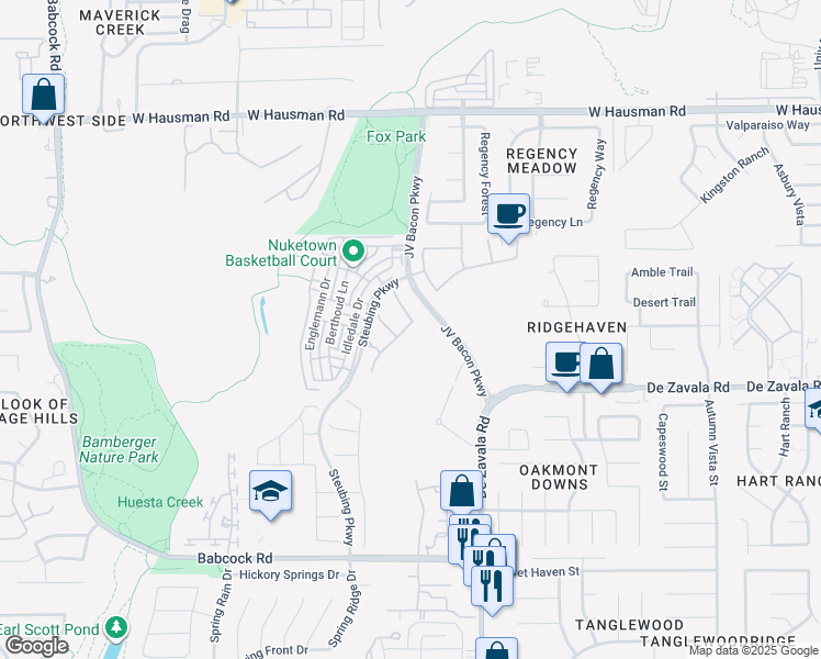 map of restaurants, bars, coffee shops, grocery stores, and more near 12914 Fairview Farm in San Antonio