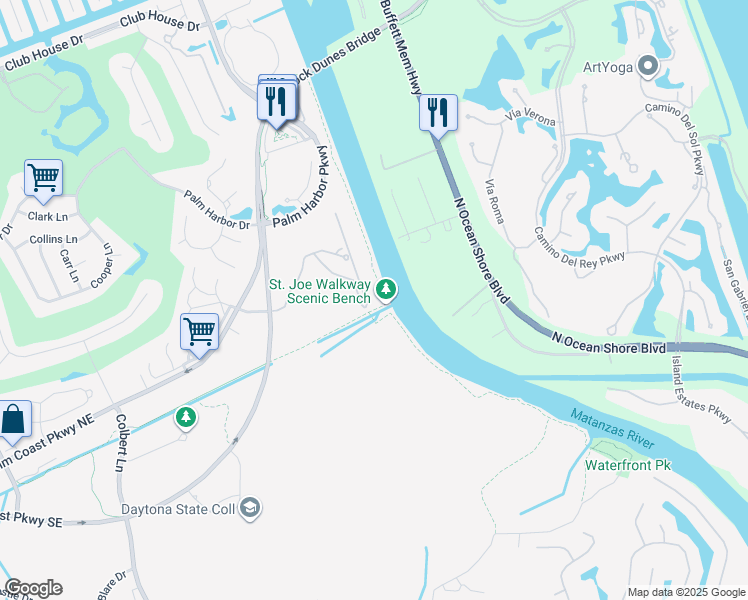 map of restaurants, bars, coffee shops, grocery stores, and more near 100 Canopy Walk Lane in Palm Coast