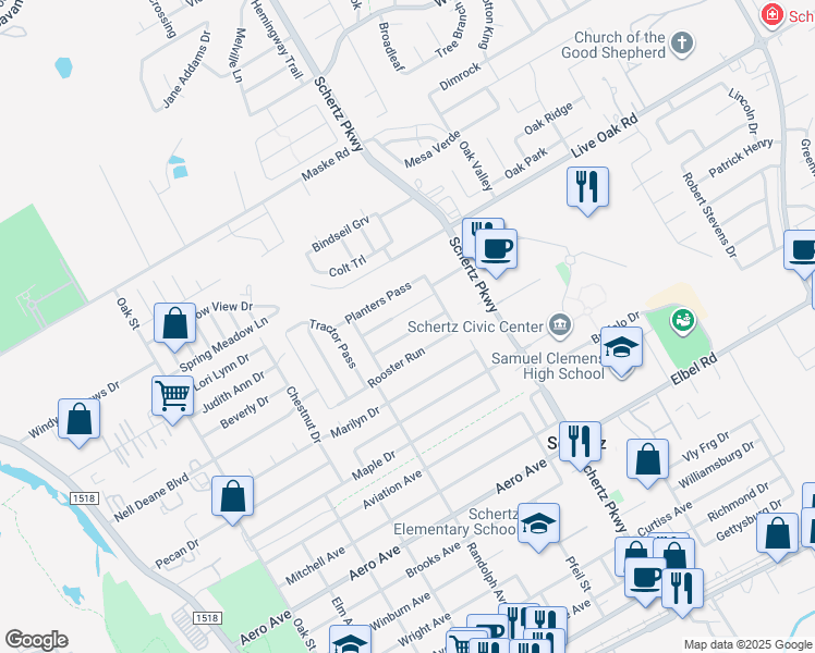 map of restaurants, bars, coffee shops, grocery stores, and more near 637 Silo Street in Schertz