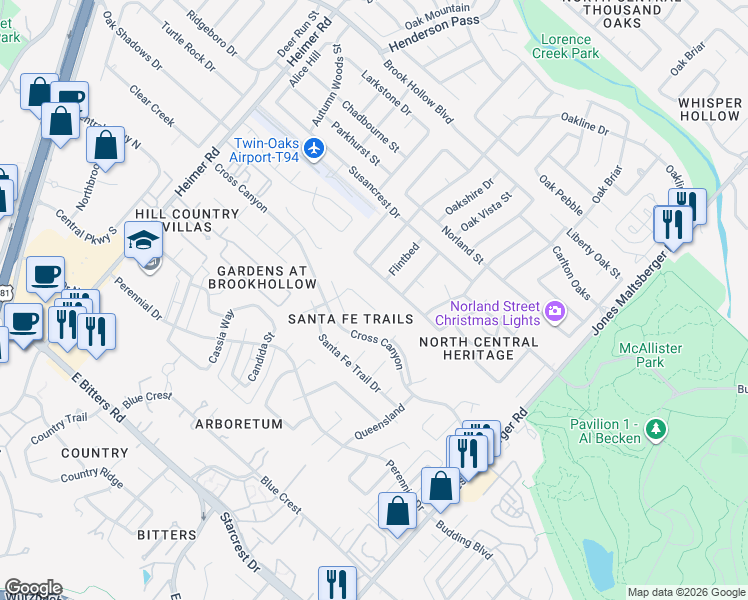 map of restaurants, bars, coffee shops, grocery stores, and more near 1627 Adobe Square Drive in San Antonio