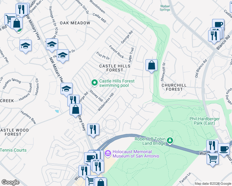 map of restaurants, bars, coffee shops, grocery stores, and more near 2314 Wilderness Hill in San Antonio
