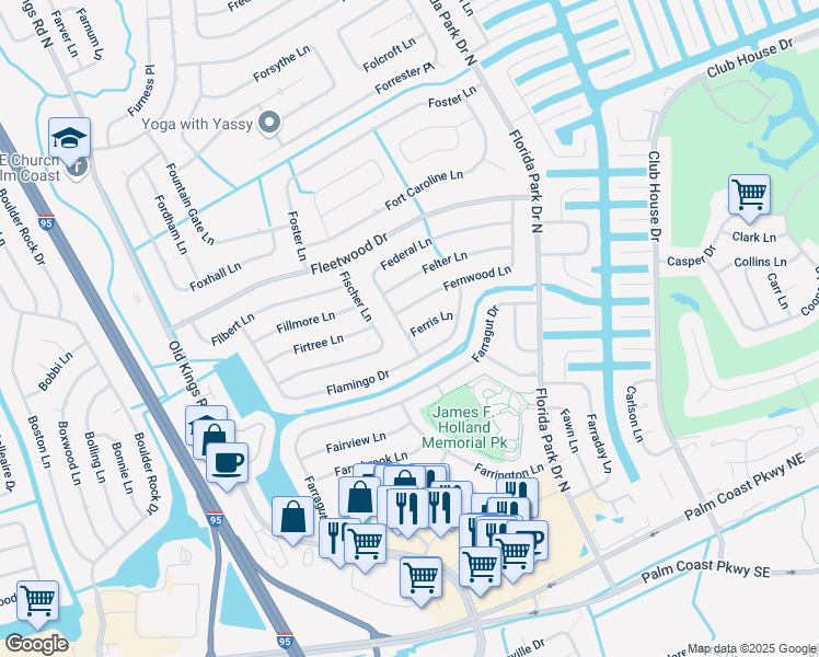 map of restaurants, bars, coffee shops, grocery stores, and more near 12 Ferris Lane in Palm Coast