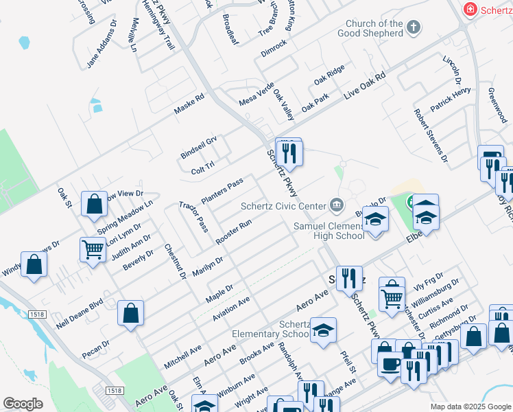 map of restaurants, bars, coffee shops, grocery stores, and more near 656 Silo Street in Schertz
