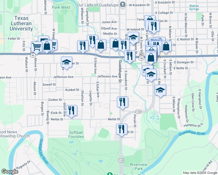 map of restaurants, bars, coffee shops, grocery stores, and more near 614 South Saunders Street in Seguin