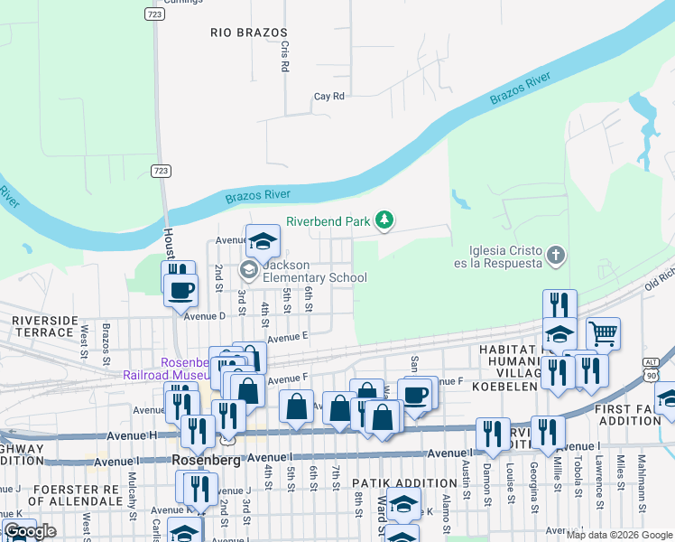 map of restaurants, bars, coffee shops, grocery stores, and more near 306 8th Street in Rosenberg