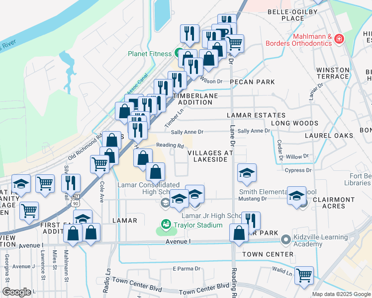 map of restaurants, bars, coffee shops, grocery stores, and more near 4720 Reading Road in Rosenberg