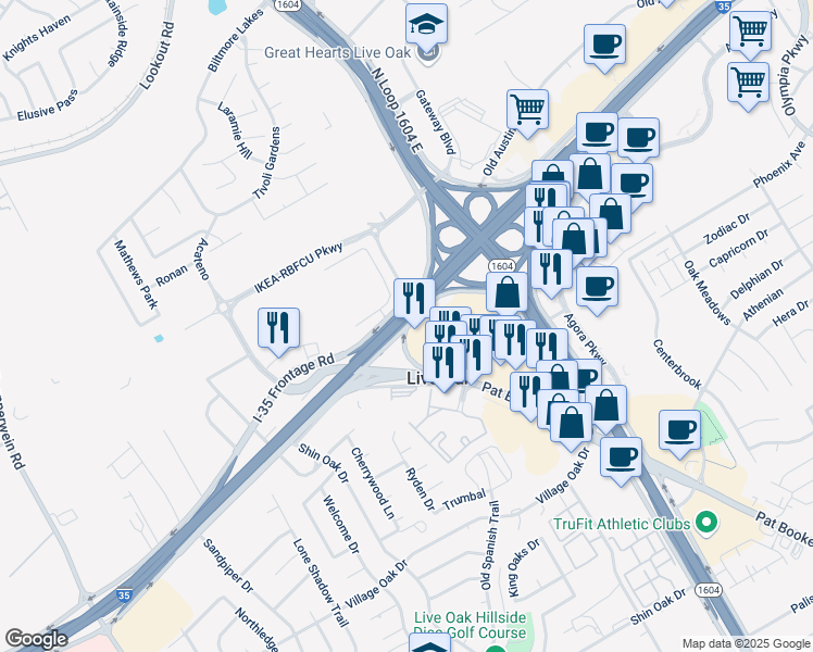 map of restaurants, bars, coffee shops, grocery stores, and more near 13656 O'Connor Road in San Antonio