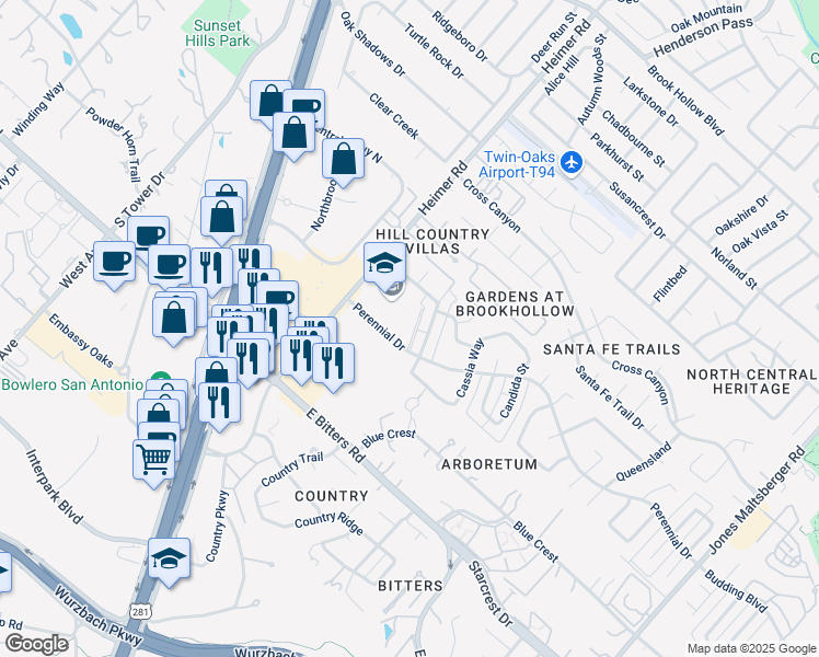 map of restaurants, bars, coffee shops, grocery stores, and more near 1301 Perennial Drive in San Antonio