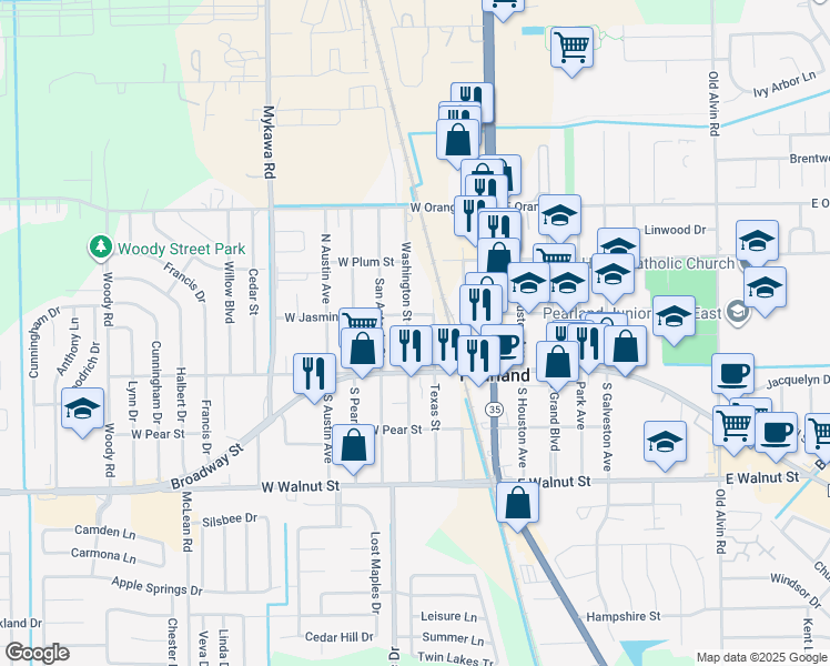 map of restaurants, bars, coffee shops, grocery stores, and more near 2313 North Washington Avenue in Pearland