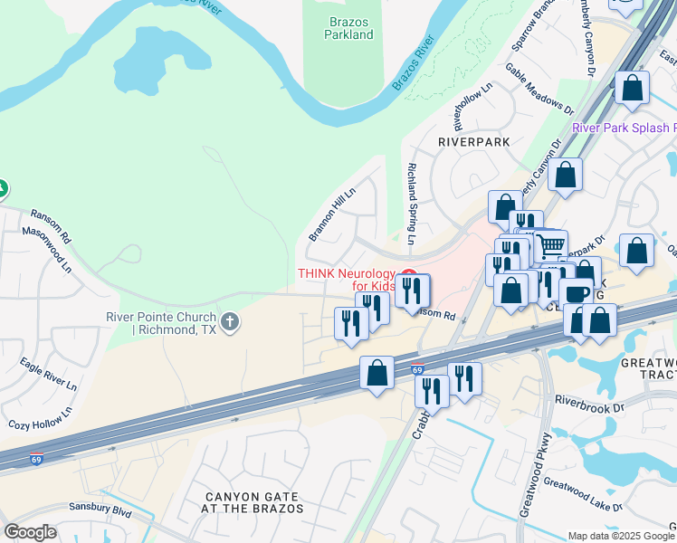 map of restaurants, bars, coffee shops, grocery stores, and more near 3230 Brook Arbor Lane in Sugar Land