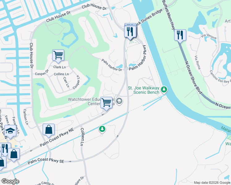 map of restaurants, bars, coffee shops, grocery stores, and more near 30 Fairways Circle in Palm Coast