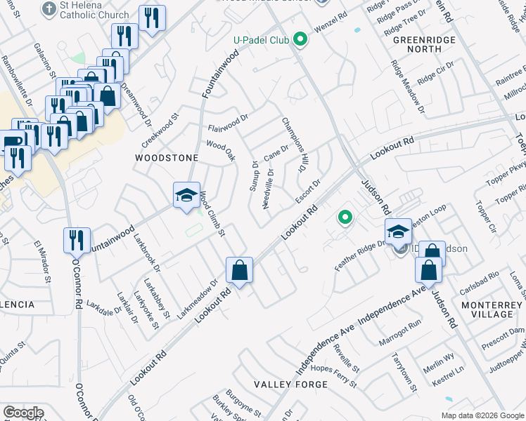 map of restaurants, bars, coffee shops, grocery stores, and more near 5515 Needville in San Antonio