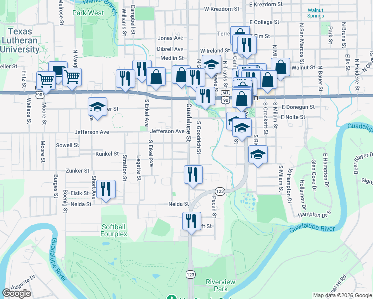 map of restaurants, bars, coffee shops, grocery stores, and more near 612 South Guadalupe Street in Seguin