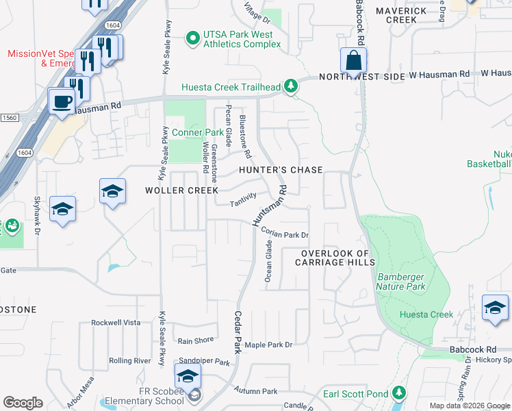 map of restaurants, bars, coffee shops, grocery stores, and more near 13123 Huntsman Road in San Antonio