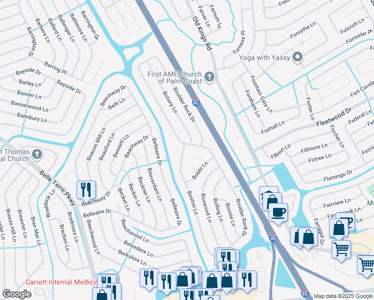 map of restaurants, bars, coffee shops, grocery stores, and more near 74 Boston Lane in Palm Coast