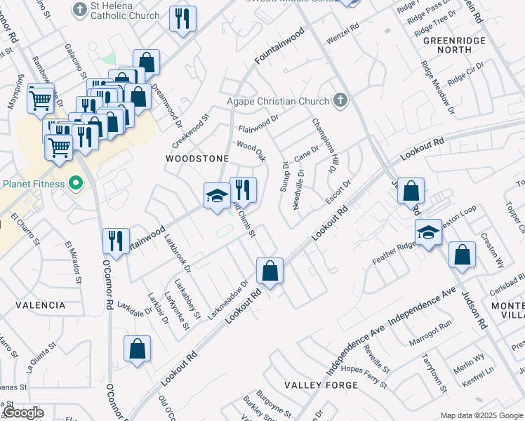 map of restaurants, bars, coffee shops, grocery stores, and more near 5622 Wood Oak in San Antonio