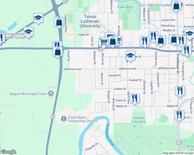map of restaurants, bars, coffee shops, grocery stores, and more near 5053 Bluebonnet Street in Seguin