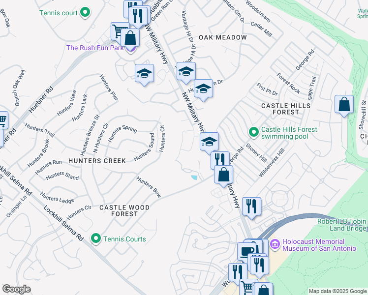map of restaurants, bars, coffee shops, grocery stores, and more near 13722 Hunters Moss Street in San Antonio