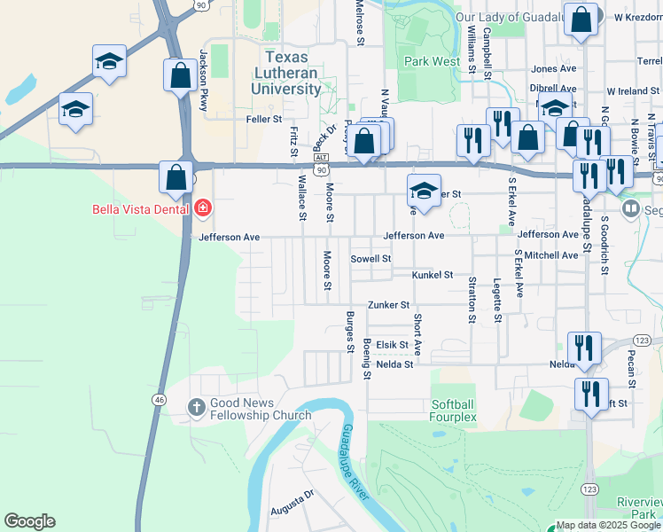 map of restaurants, bars, coffee shops, grocery stores, and more near 421 Moore Street in Seguin